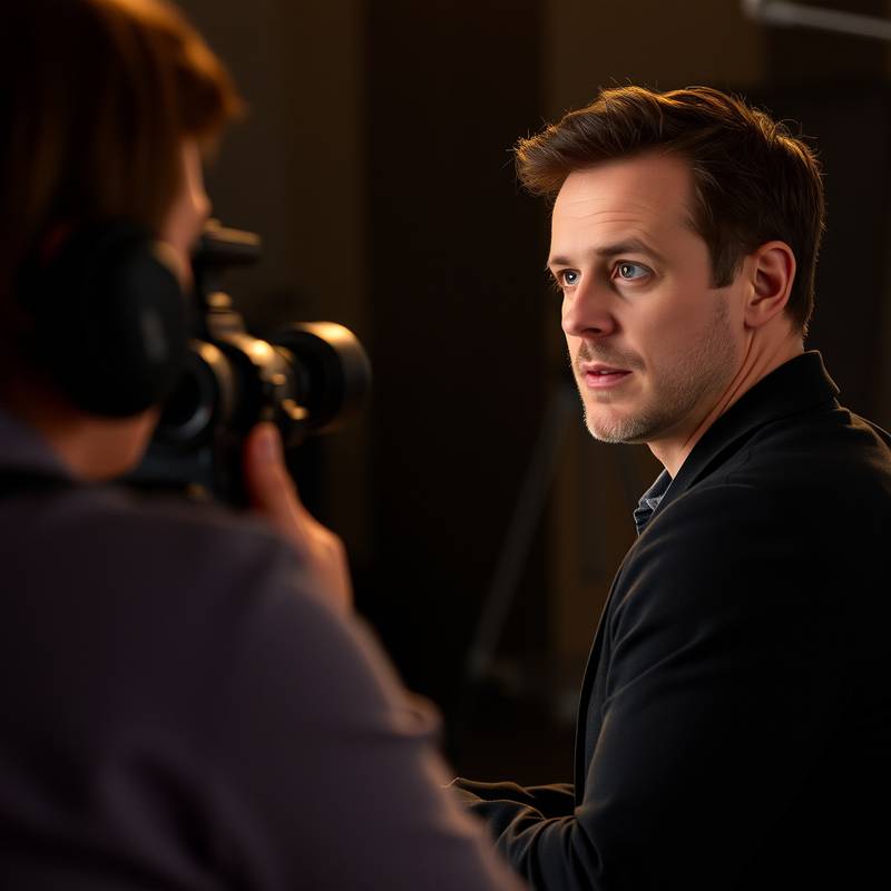 Een acteur die voor de camera acteert tijdens een filmopname, waarbij de focus ligt op subtiele expressie en lichaamstaal.