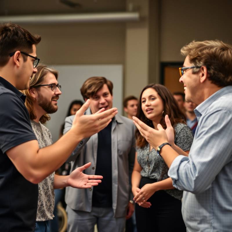 Een groep acteurs die samen een improvisatie-oefening doet, waarbij ze elkaar aanvullen en op elkaar reageren.