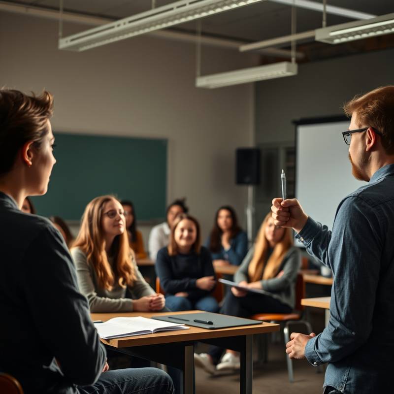 Een klaslokaal tijdens een acteerles, met de docent voor de groep.