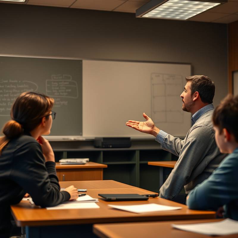 Een klaslokaal tijdens een acteerles, met de docent voor de groep die uitleg geeft over de basisprincipes van acteren.