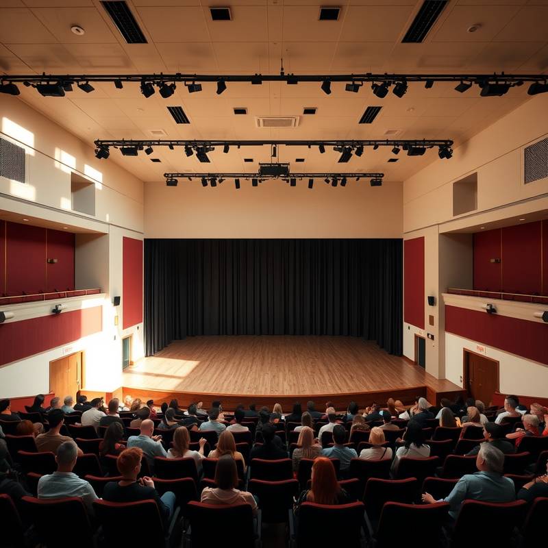 Foto van de theaterzaal van Acteeracademie Amsterdam, met een podium en zitplaatsen voor het publiek.